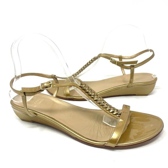 Stuart Weitzman Braided Metallic Gold Chain Low Wedge Strap Sandals Women's 9.5 - Picture 6 of 11